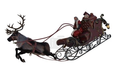 Téléchargez les photos : Le Père Noël volant dans son traîneau avec un renne et un sac de cadeaux de Noël. rendu 3D isolé. - en image libre de droit