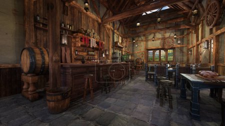 Téléchargez les photos : Ancienne taverne médiévale avec des tabourets de bar et de la nourriture sur les tables. Illustration 3D. - en image libre de droit