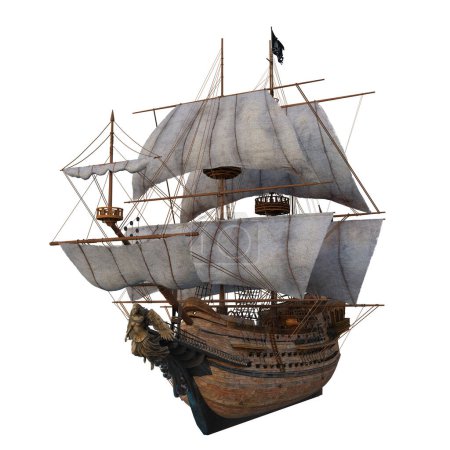 Altes hölzernes Piratenschiff in voller Fahrt mit einer geschnitzten Frauenfigur auf dem Bug. Isolierte 3D-Illustration.