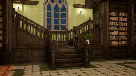 Photo for 3D rendering of a grand wooden staircase in an old library with gothic styling. - Royalty Free Image