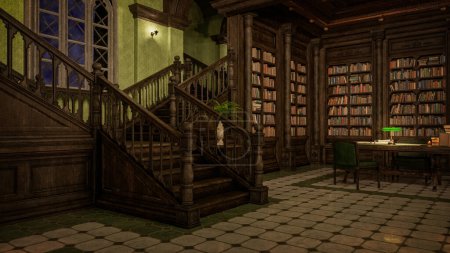 Interior of an gothic styled library in the evening. 3D rendering.