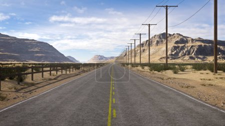 Photo for Emtpy straight road through a desert landscape with mountains and blue sky. 3D rendering. - Royalty Free Image