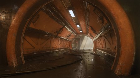 Téléchargez les photos : Tunnel souterrain sombre et grognon dans un futur bâtiment industriel dystopique imaginaire. Illustration 3D. - en image libre de droit
