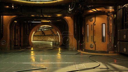 Téléchargez les photos : Fantasy future cyberpunk grungy environnement tunnel non souterrain. Illustration 3D. - en image libre de droit