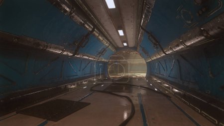 Téléchargez les photos : Fond sombre de tunnel souterrain cyberpunk avec des murs bleus. Illustration 3D. - en image libre de droit