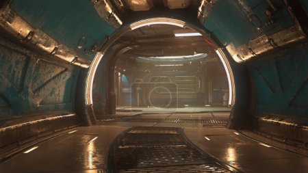 Foto de Entrada al túnel del arco iluminado en un complejo subterráneo futurista cyberpunk. Ilustración 3D. - Imagen libre de derechos