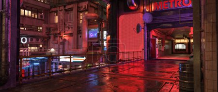 Téléchargez les photos : Large panorama cinématographique d'une ville cyberpunk futuriste la nuit. Illustration 3D. - en image libre de droit