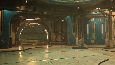 Téléchargez les photos : Concept futuriste de cyberpunk station spatiale environnement sous-sol. Tunnel avec murs bleus et porte eelvator. rendu 3D. - en image libre de droit