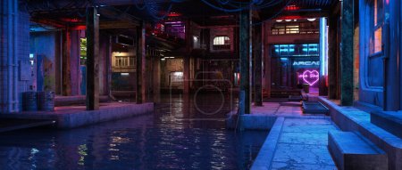 Téléchargez les photos : Rivière coulant sous un futur centre-ville cyberpunk imaginaire la nuit. Grand rendu 3D cinématographique. - en image libre de droit