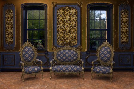 Photo for Rococo style imterior room with sofa and armchairs decorated with blue and gold designs on the upholstery and walls. 3D render. - Royalty Free Image