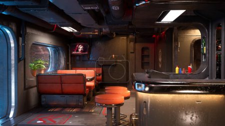 Téléchargez les photos : Tabourets de bar au bar dans un futur cyberpunk city saloon vide la nuit. rendu 3D. - en image libre de droit
