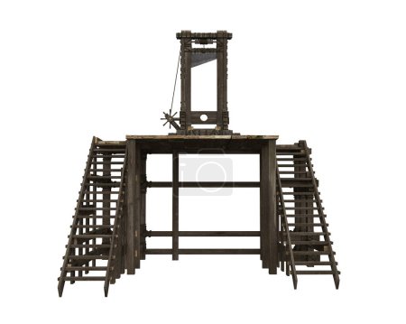 Plataforma medieval de madera con guillotina para ejecuciones de pena capital. Renderizado 3D aislado.