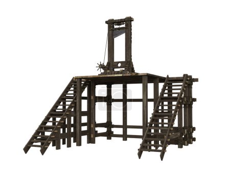 Plataforma medieval de madera con guillotina para ejecuciones de pena capital. Ilustración 3D aislada.