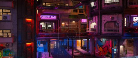 Téléchargez les photos : Futuriste ville cyberpunk centre-ville urbaine avec rivière coulant sous les bâtiments. Illustration 3D. - en image libre de droit