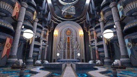 Sci-fi fantasy alien conference hall interior with ornate decoration and high balconies. 3D rendered illustration.