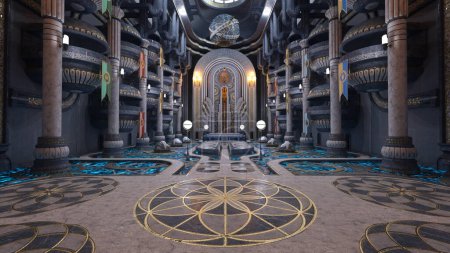 Huge fantasy alien palace or guildhall building interior. 3D rendered illustration.