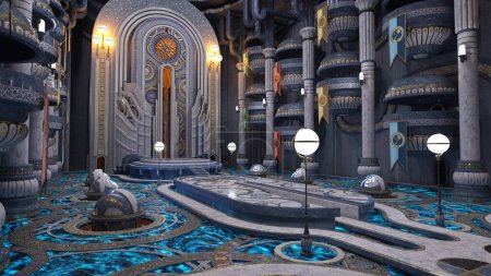 Les balcons donnent sur une scène dans un immense bâtiment extraterrestre fantastique de science-fiction intérieur. Illustration 3D.