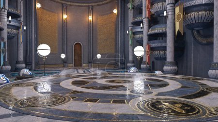 Large hall in a fantasy alien palace with brightly decorated architecture. 3D rendered illustration.