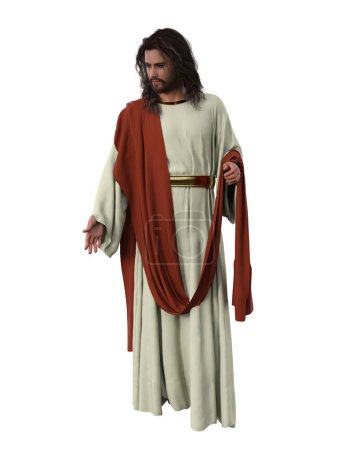Téléchargez les photos : Illustration 3D isolée de Jésus Christ marchant avec sa main offerte sur le côté.. - en image libre de droit