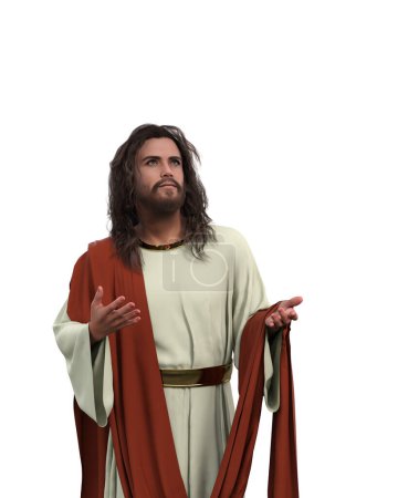 Téléchargez les photos : Illustration 3D isolée de Jésus Christ regardant vers le ciel les mains tendues devant lui. - en image libre de droit