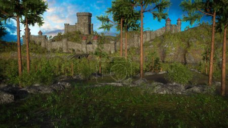 Ancien château médiéval dans un paysage montagneux entouré de forêt. Illustration 3D.