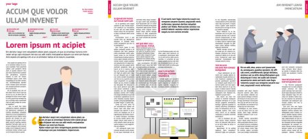 Illustration for Print magazine, journal, tabloid, publication, annual report mockup with pink headers, four columns, article, editable text - Royalty Free Image