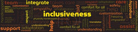 tag cloud with words inclusiveness, supportiveness, help, aid