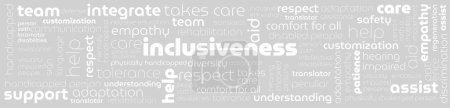 tag cloud with words inclusiveness, supportiveness, help, aid
