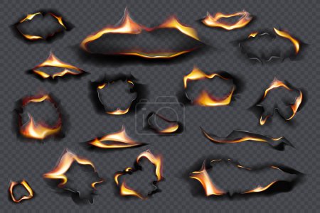 Collection of burnt faded holes piece burned paper realistic fire flame. Black paper burn in vintage style on transparent background.