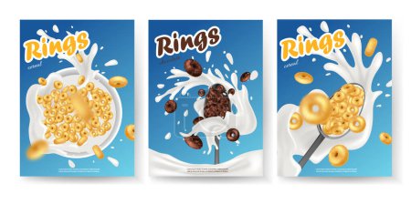 Illustration for Breakfast cereal realistic poster set with rings isolated. Concept of healthy breakfast. 3d ring cereals or cheerios ad template. - Royalty Free Image