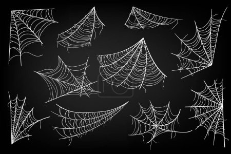 Collection of Cobweb, isolated on black, transparent background. Spiderweb for Halloween design. Spooky Halloween cobwebs with spiders.