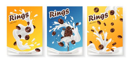 Illustration for Breakfast cereal realistic poster set with rings isolated. Concept of healthy breakfast. 3d ring cereals or cheerios ad template. - Royalty Free Image