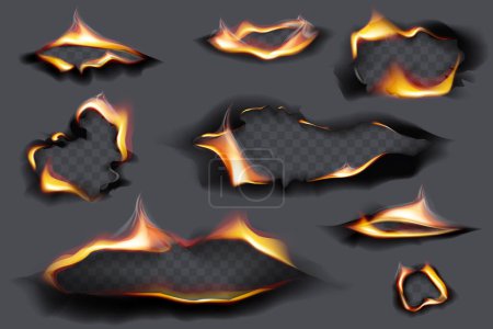 Brennende Löcher, Flammen. Realistisch verbranntes Papier. Verbranntes Papier realistisch Feuer Flamme isoliert Blatt Asche Vektor Illustration