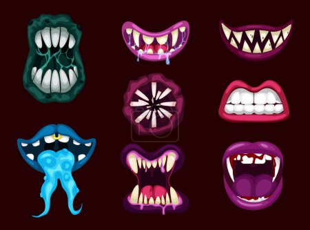 Illustration for Terrible monster mouths. Scary lips teeth and tongue monsters. Monstrous mouths, emotions, facial expressions for Halloween - Royalty Free Image
