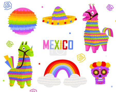 Illustration for Mexican pinatas donkey and llama, colorful toys with treats. Mexican Party - Royalty Free Image