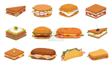 Téléchargez les illustrations : Subs and Sandwiches of Black and Wheaten Bread. Delicious panini with vegetables, salmon and meat. Crispy toast, croissant and bun sandwiches vector set. - en licence libre de droit
