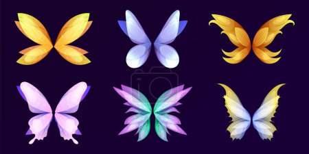 Different wings fairy butterfly bird angel. Dragon, monster, angel, butterfly wings isolated in black. Cartoon vector illustrations for fairy tales, legends, mythological designs.
