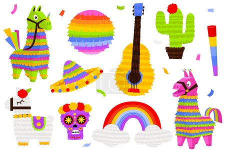 Mexican pinatas donkey and llama, colorful toys with treats. Mexican Party