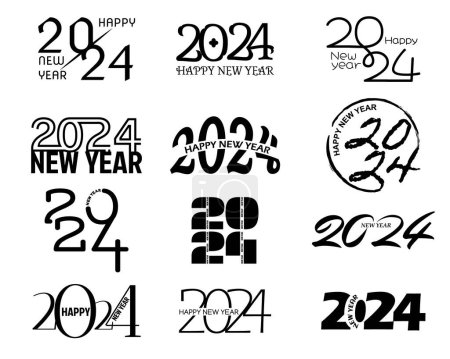 Conjunto de diseño de texto del logotipo de Feliz Año Nuevo 2024. Colección de pósters de Navidad 2024 Feliz Año Nuevo. Ilustración vectorial con logotipo de etiquetas negras para diarios, cuadernos, calendarios.