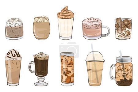 Boisson au café chaud et froid. Différents types de boissons ensemble. Illustration vectorielle plate isolée sur fond blanc