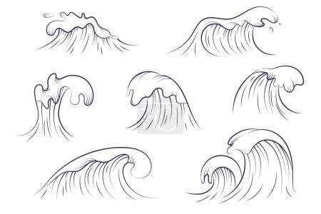 Téléchargez les illustrations : Collection de vagues océaniques. Onde de tempête isolée. Style linéaire. Illustration vectorielle EPS10 - en licence libre de droit