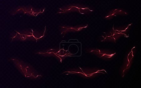 Ilustración de Rayo, rayo eléctrico, impacto rojo, grieta, destello mágico de energía. Rayos de tormenta nocturna, carga de energía eléctrica y ataque de trueno conjunto de vectores aislados - Imagen libre de derechos