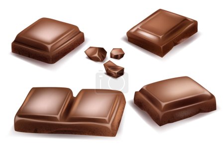 Chocolate. Pieces, shavings. 3D realistic vector set, horizontal and vertical splash of chocolate