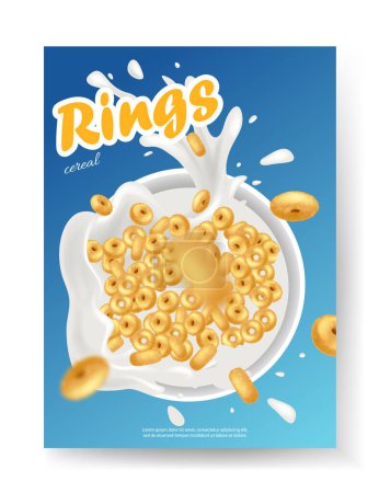 Cartel de cereales para el desayuno. Leche 3D realista con anillos. Anillo anuncio de cereal banner