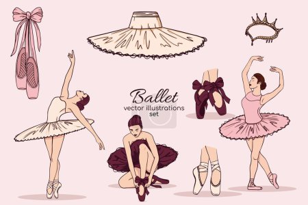 Ilustración de Set de ballet dibujado a mano. Lindo conjunto de acuarela vector de ballet. Ilustración vectorial de bailarina, zapatos de ballet y vestido - Imagen libre de derechos
