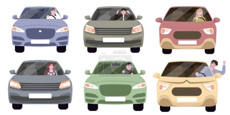 Illustration for Set of angry car driver shouting in flat design on white background. Driver suffers from migraine and headache while driving car or is nervous getting stuck in traffic jam. - Royalty Free Image