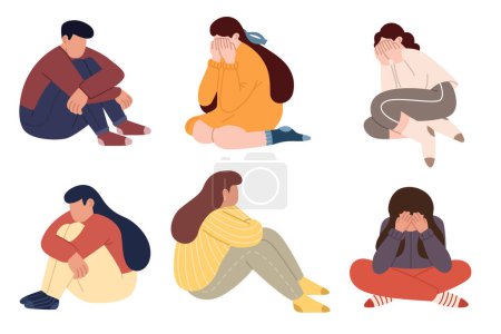 Collection of teens in stressful situations or teenagers psychological problems. Stressed unhappy crying teenagers in depression. Upset tired young people. Flat graphic
