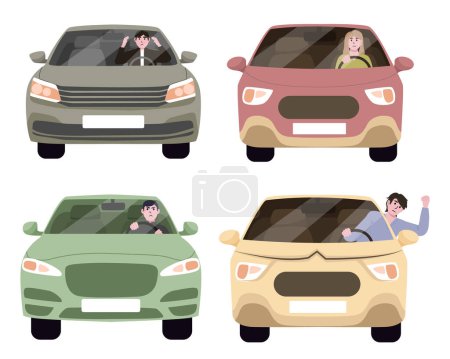 Set of angry car driver shouting in flat design on white background. Driver suffers from migraine and headache while driving car or is nervous getting stuck in traffic jam.