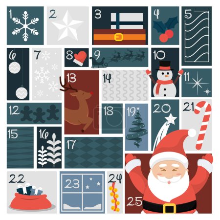 Calendario de Adviento de Navidad de colores con objetos tradicionales Ilustración vectorial