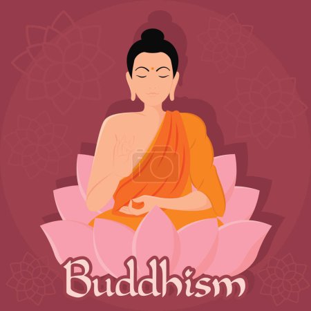 Téléchargez les illustrations : Mignon personnage de bouddha sur fleur de lotus Bouddhisme concept Illustration vectorielle - en licence libre de droit